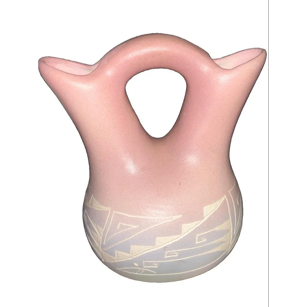 Vintage Signed Arlene Navajo Pink Etched Native American Wedding Vase Pottery